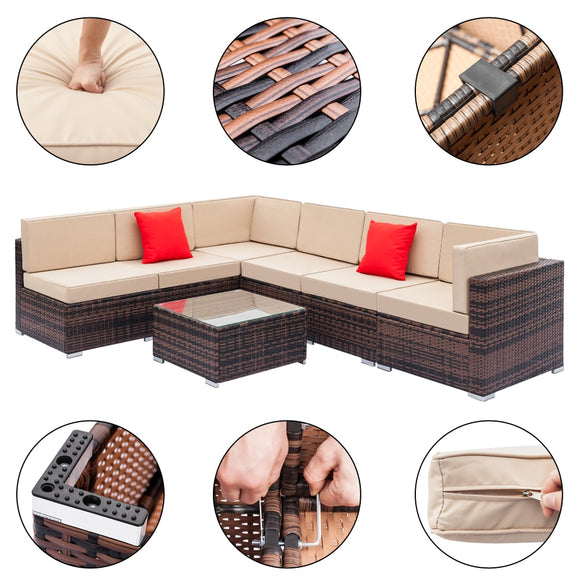 Fully Equipped Weaving Rattan Sofa Set with 2pcs Corner Sofas & 4pcs Single Sofas & 1 pcs Coffee Table Black Embossed